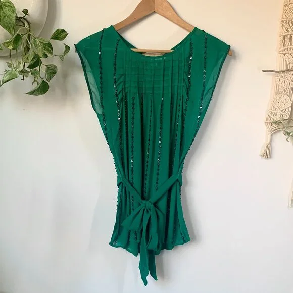 Anthropologie Sheer Sleeveless Beaded Blouse Top Bohemian Boho Fairy Classic - Picture 2 of 15